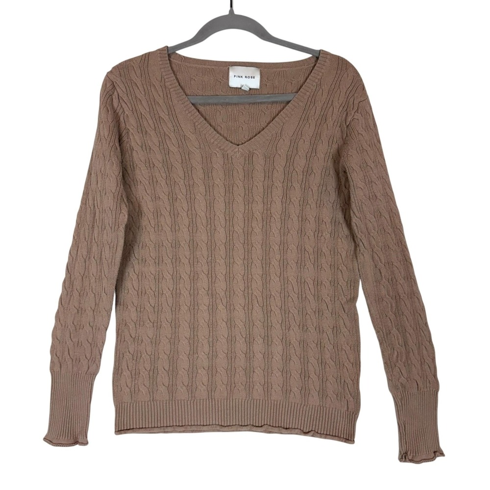 Pink Rose Sweater Womens Small Brown Cable Knit V Neck Long Sleeve Pullover